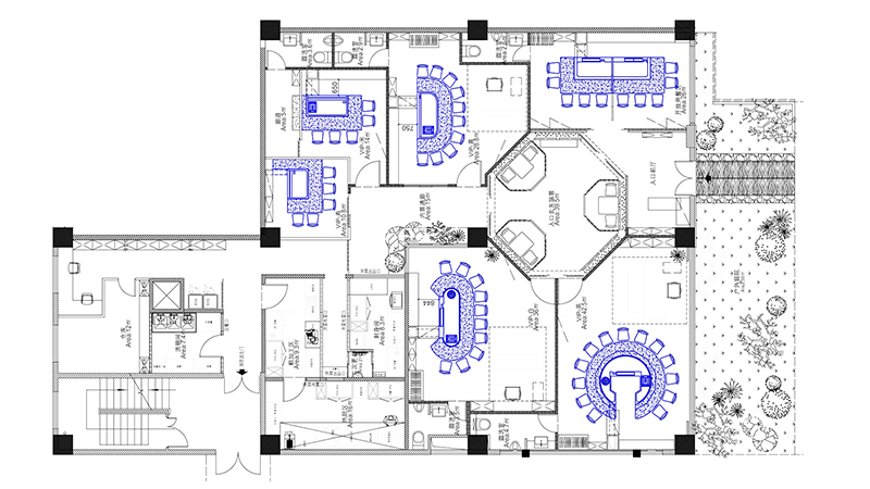 定制圓形+橢圓形+拱形+長(zhǎng)方形，共6個(gè)包間，上海鐵板燒餐廳CAD平面布局圖